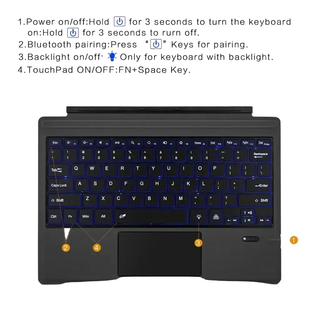 Backlit Bluetooth Keyboard Type Cover for Microsoft Surface Pro 3–7+ (12.3") & Pro 8–11/X (13")