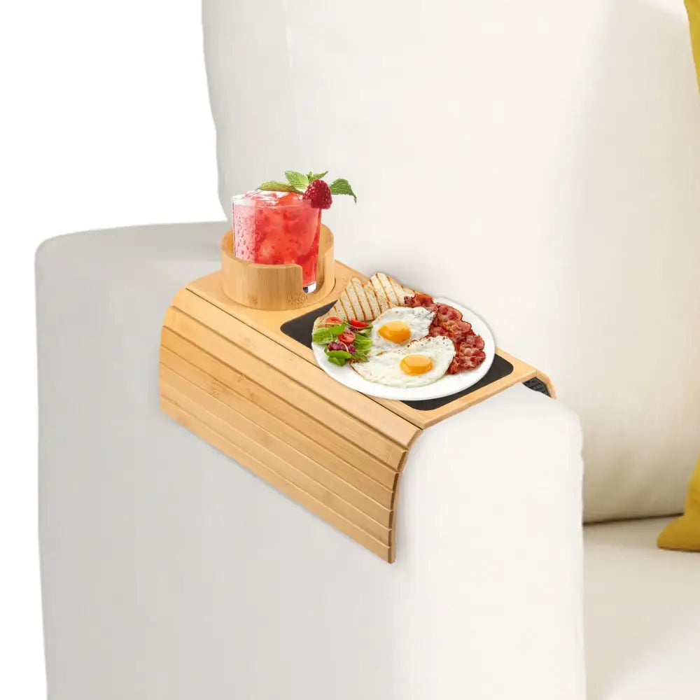 Foldable Bamboo Sofa Armrest Tray with Cup Holder