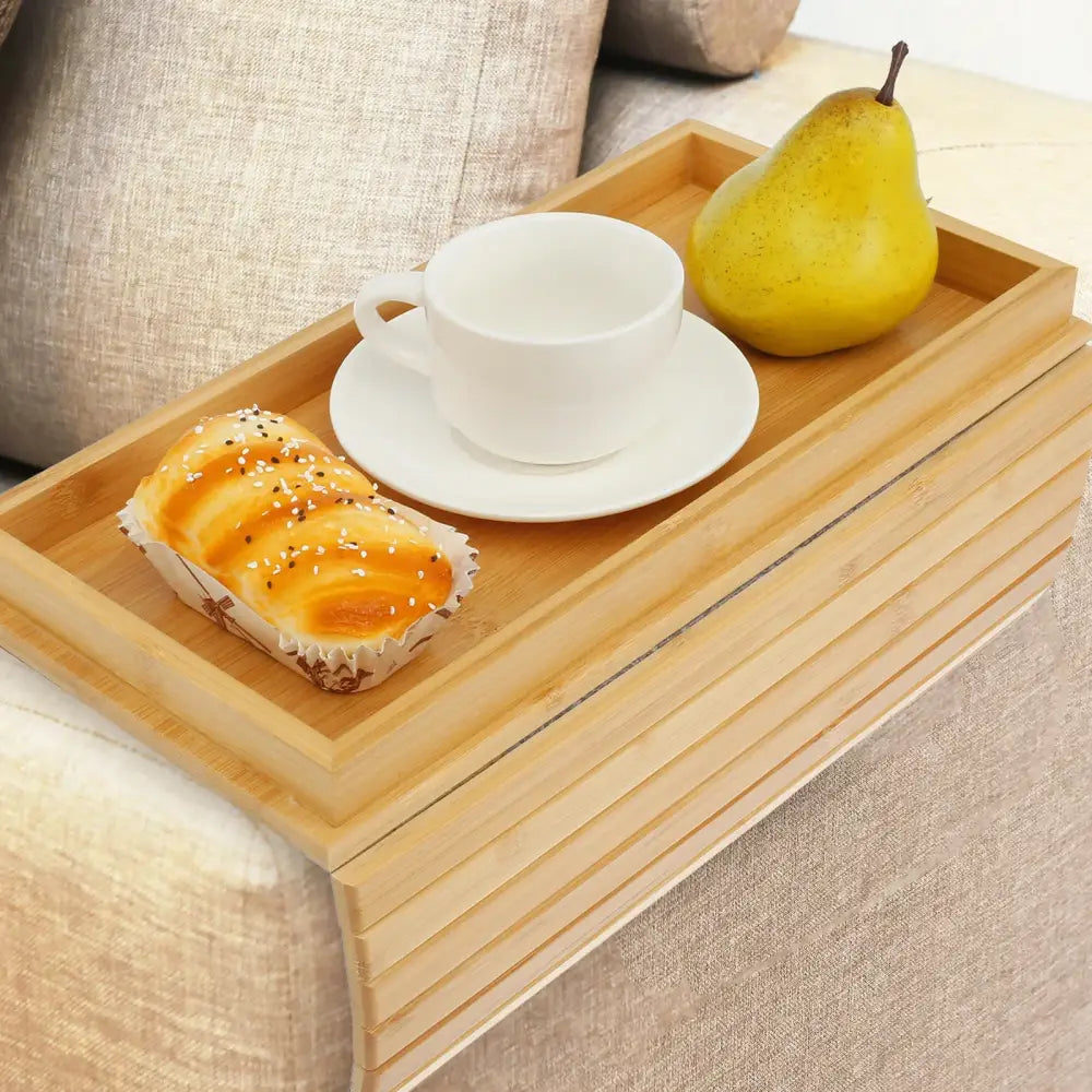 Foldable Bamboo Sofa Armrest Tray with Cup Holder