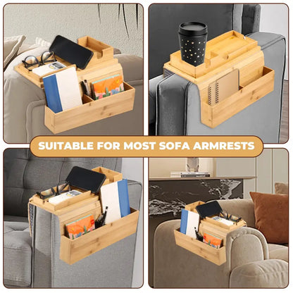 Foldable Bamboo Sofa Armrest Tray with Cup Holder