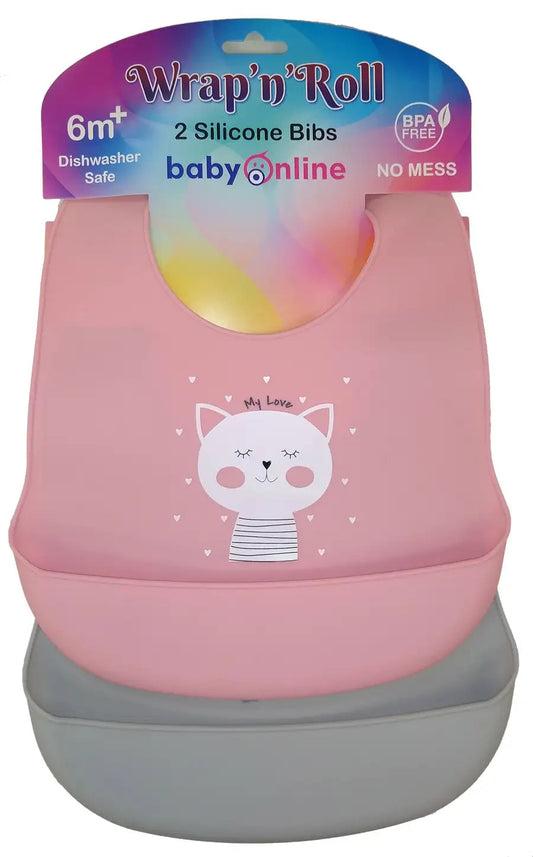 Wrap n Roll Silicone Bibs - pack of 2 - PINK/GREY - Babyonline