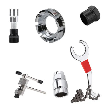 Bicycle Repair Tool Set with Chain Breaker, Spoke Wrench, Bottom Bracket & Freewheel Removal Tools