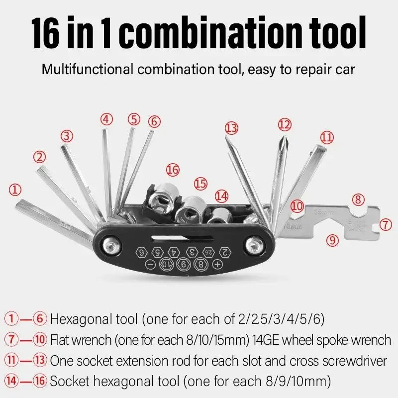 16-in-1 Bicycle Repair Kit with Mini Pump