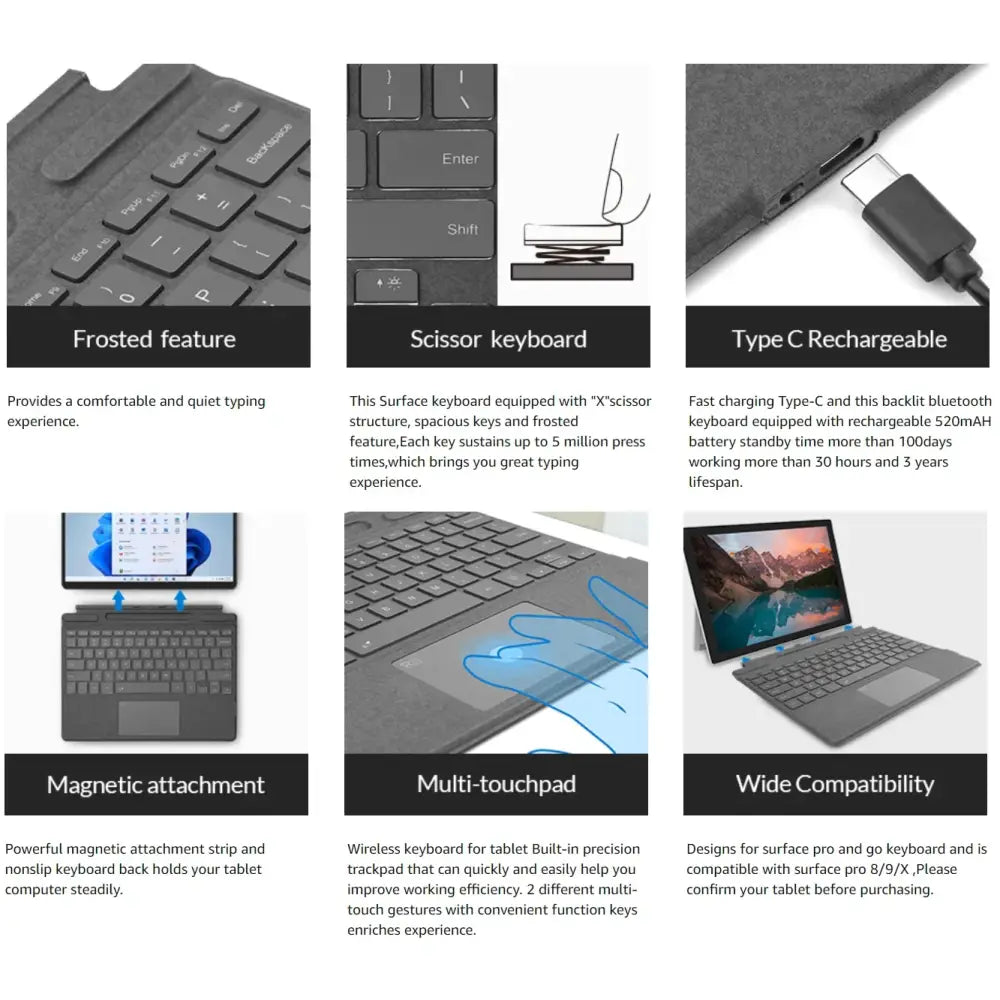 Bluetooth Detachable Slim Cover Keyboard for Microsoft Surface Pro 3–11, Pro X & Pro 7+