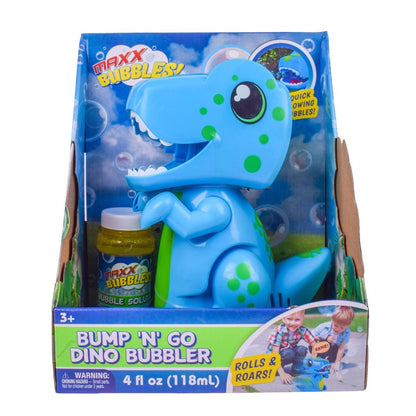 Maxx Bubbles Dino Bubbler toy packaging with dinosaur figure and bubble solution.