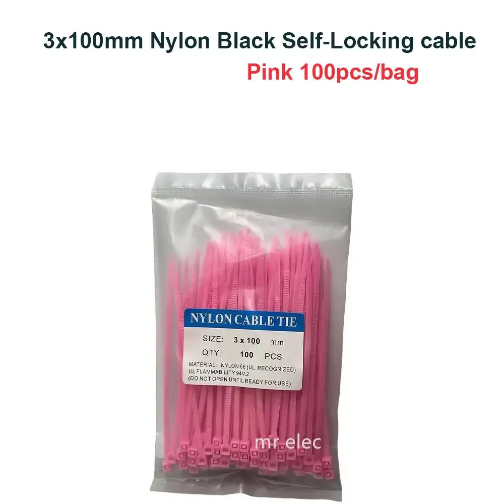 100PCS Colourful Nylon Cable Ties 3x100mm Self-Locking
