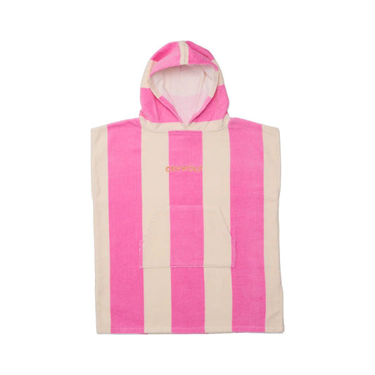 Pink and beige striped hooded towel on a white background