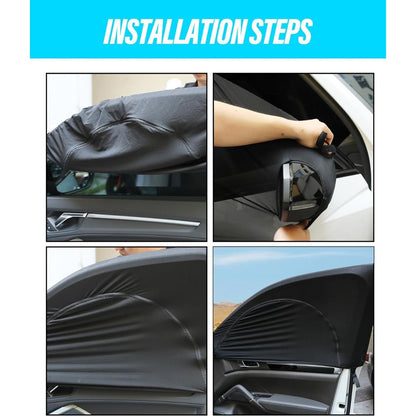 Step-by-step installation guide for a car sunshade with images of the process.
