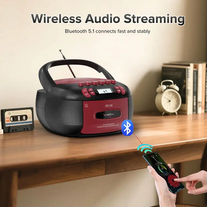 CD Cassette Boombox with Bluetooth & Radio (Red & Black)