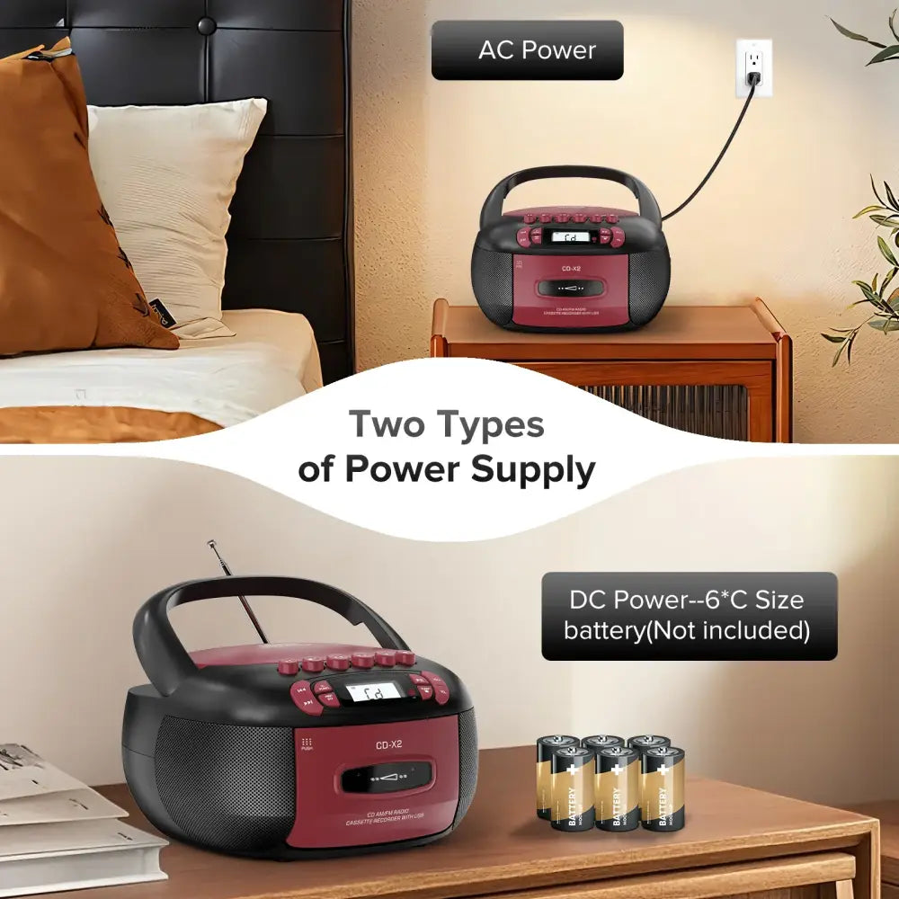 CD Cassette Boombox with Bluetooth & Radio (Red & Black)