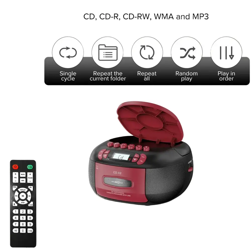 CD Cassette Boombox with Bluetooth & Radio (Red & Black)