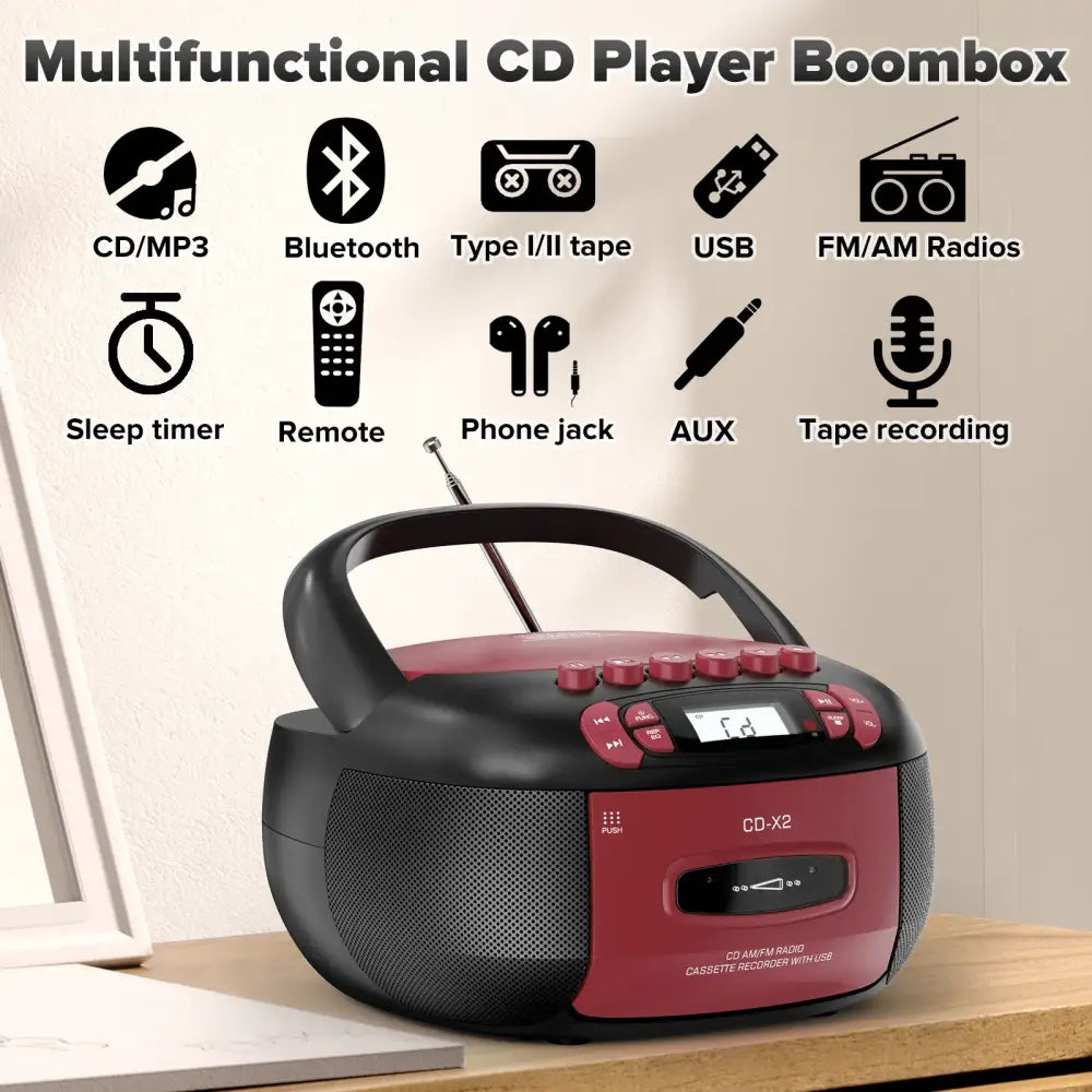 CD Cassette Boombox with Bluetooth & Radio (Red & Black)