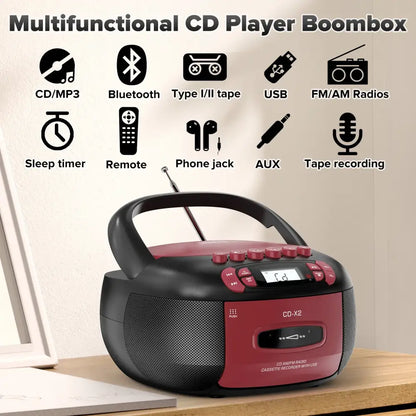 CD Cassette Boombox with Bluetooth & Radio (Red & Black)