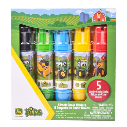 Packaging of John Deere chalk sticks with colorful bottles and a farm-themed design.