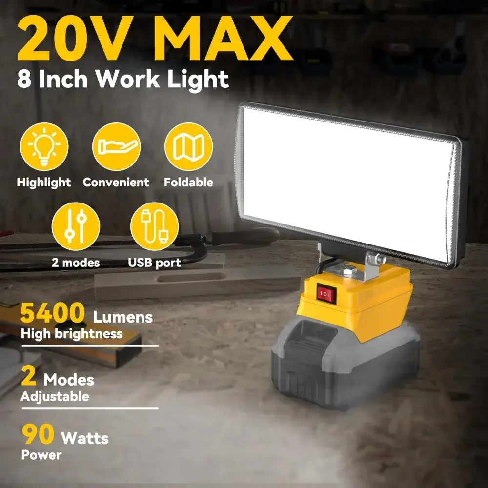Cordless LED Work Light for 18V–20V Battery with USB Charging & Emergency Floodlight