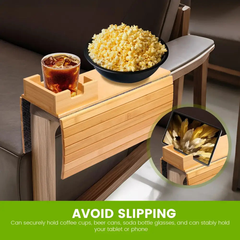 Wooden Sofa Armrest Tray with Cup Holder