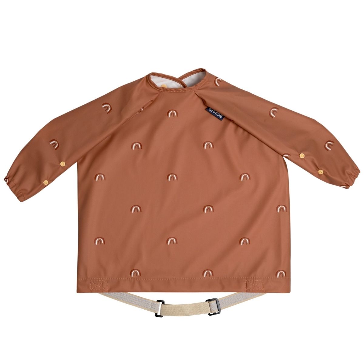 Rust coloured long sleeve bib with rainbows on a white background.
