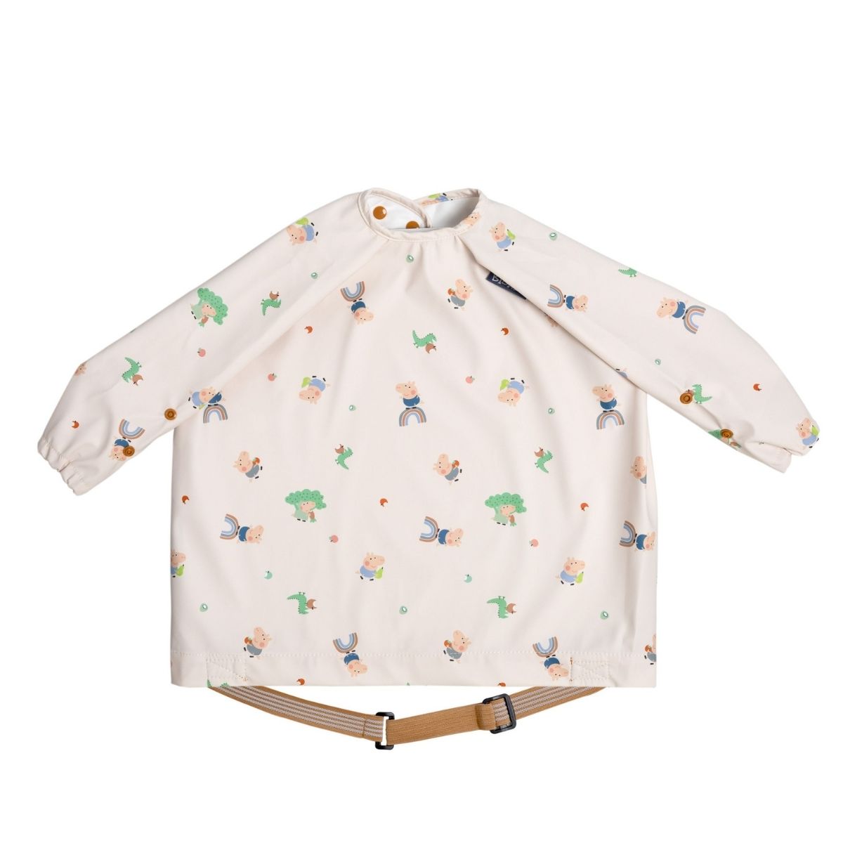 Baby bib with long sleeves and peppa  pig cartoon print on a white background