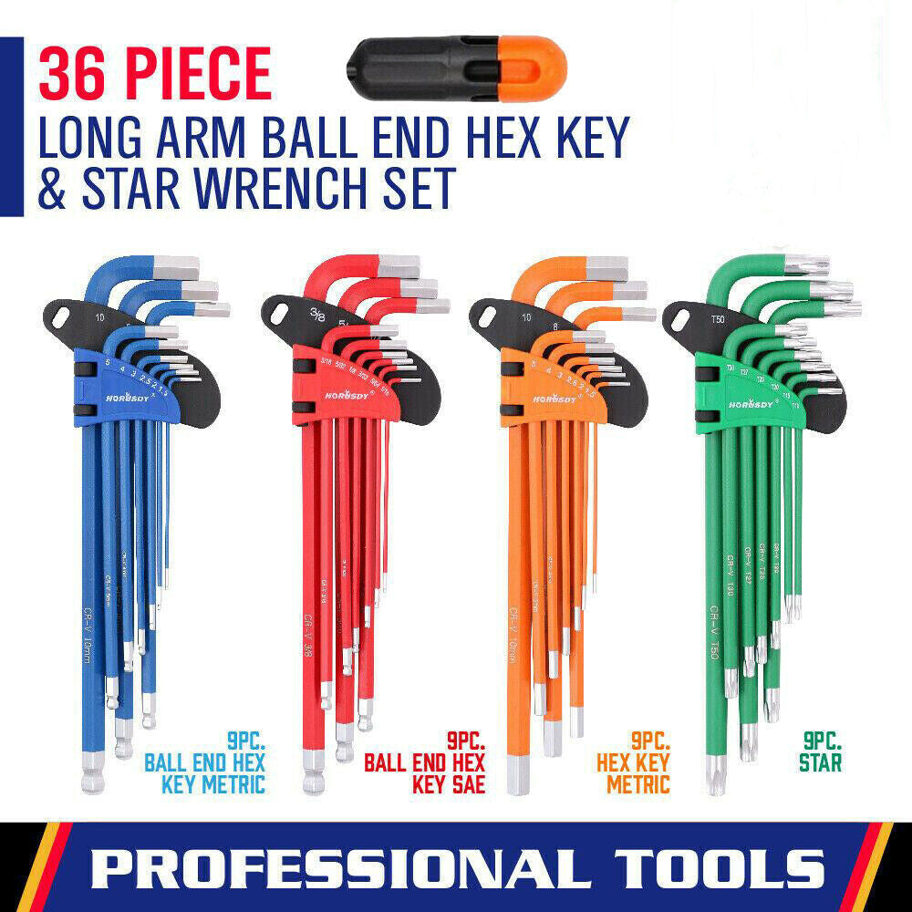 37Pc Hex & Torx Key Set Extra Long Allen Wrench Ball End Tamper Proof Metric/SAE
