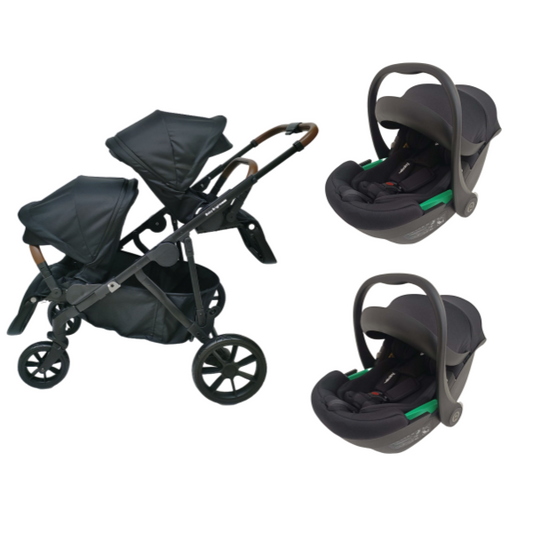 Baby Brightness Luxe twin stroller with double i-size infant car seats Black