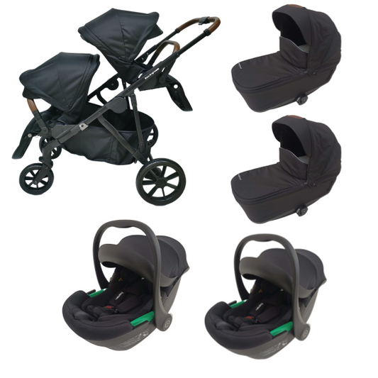 Baby Brightness Luxe twin stroller with double bassinets and double i-size infant car seats black