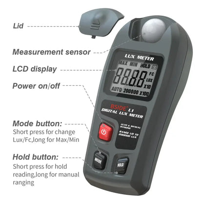 Digital Lux Meter 0–200,000 Lux Light Tester