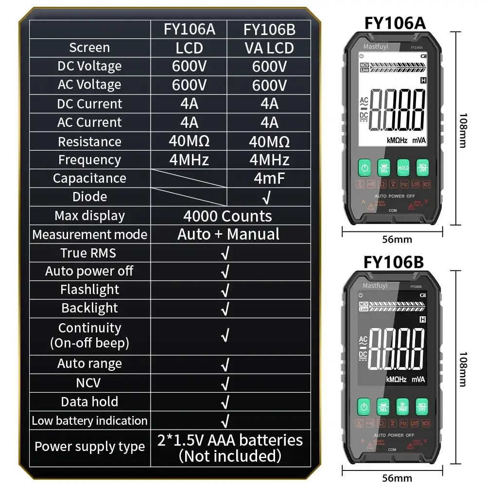 Digital Multimeter 600V AC/DC True RMS Auto-Range Tester (2 models available)