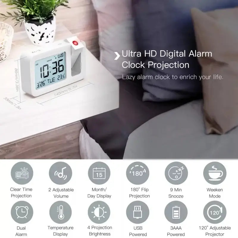 Digital Projection Alarm Clock – Rechargeable LED with USB Charger (Black & White)