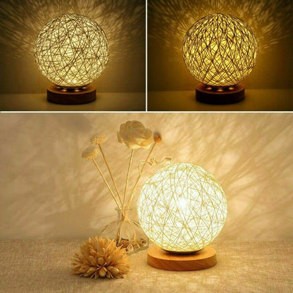 20cm Wooden Rattan LED Table Desk Bedside Night Light Lamp