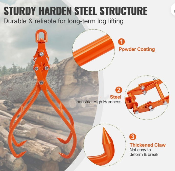 28-Inch Timber Claw Hook with 4 Claws, Log Grapple, 1000kg Capacity