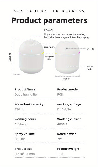 270ml USB Air Humidifier & Aroma Diffuser with LED Night Light