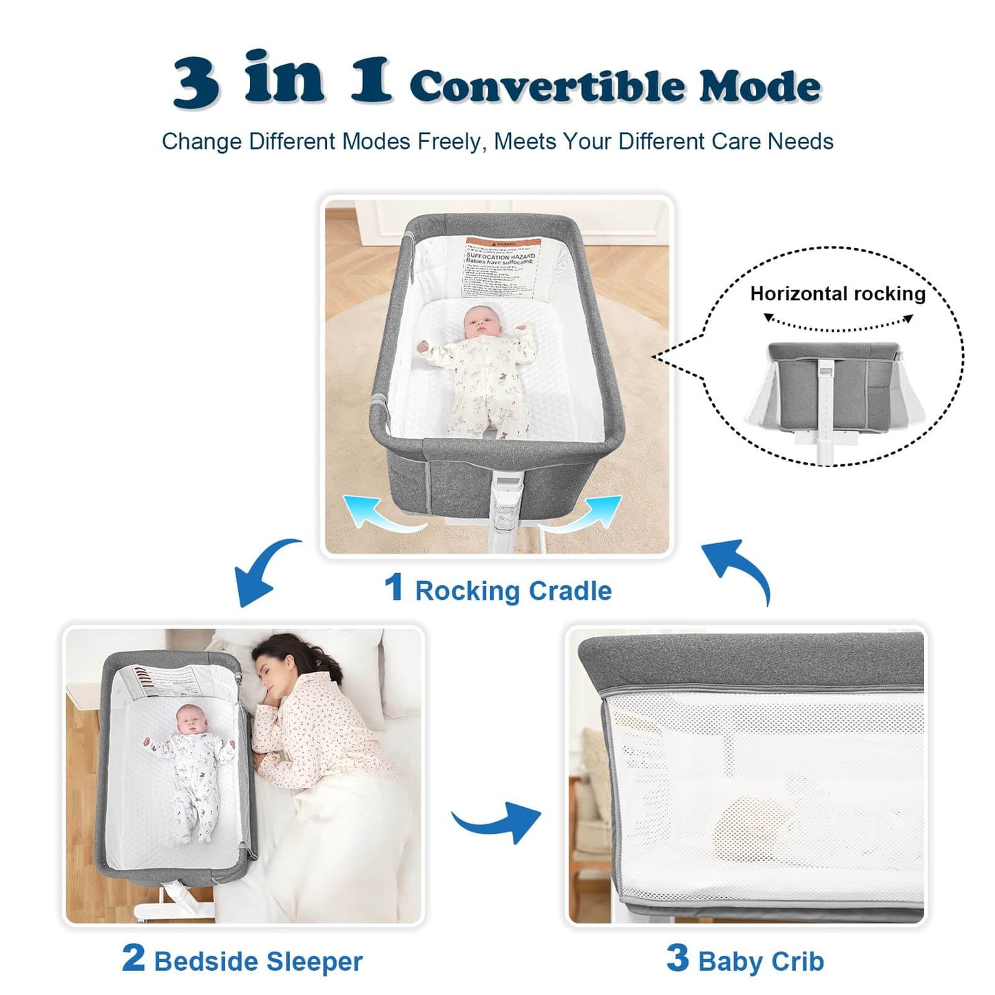 White Portable & Adjustable Electric Baby Crib/ Baby Bassinet Bedside Sleeper 2 Rocking Motion