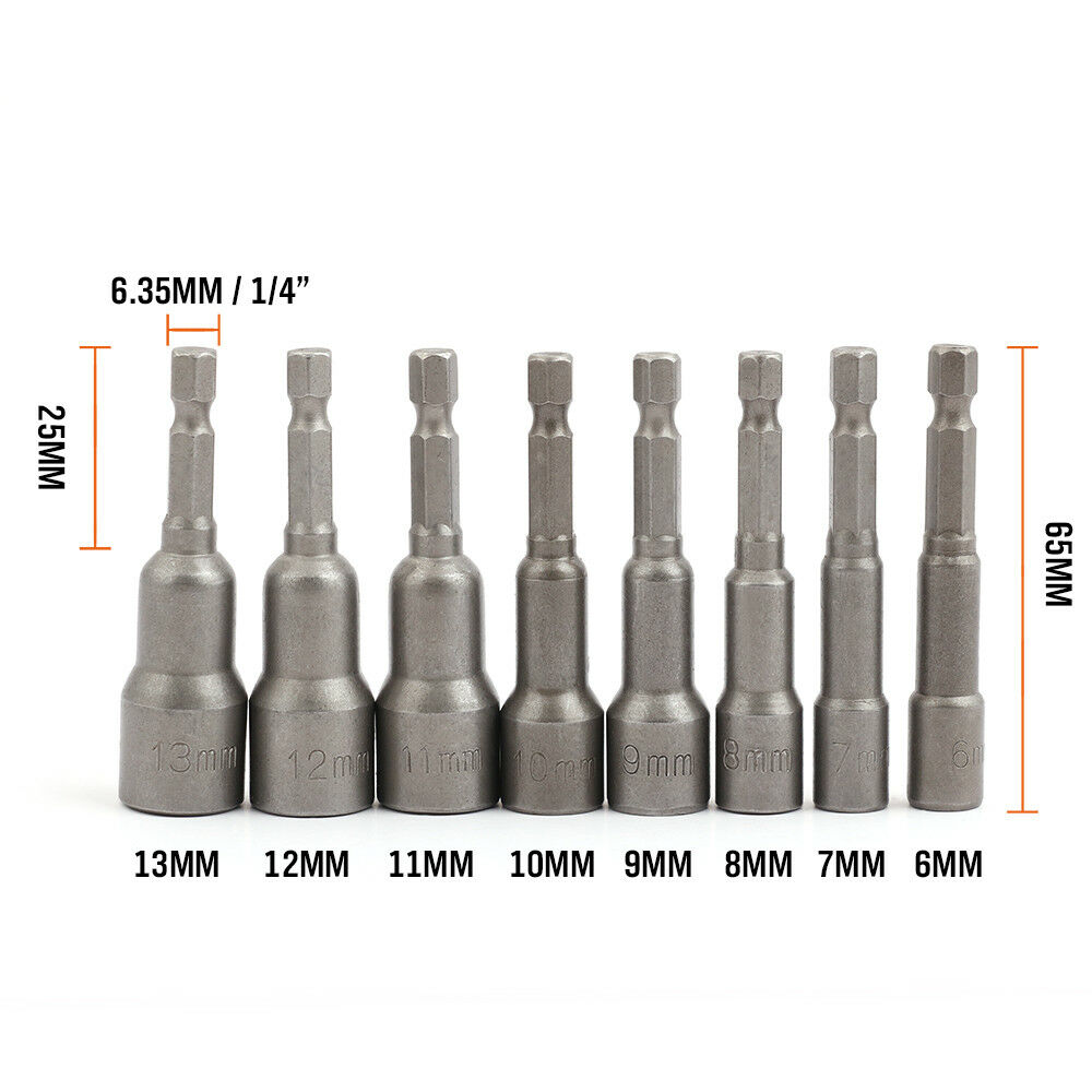 8PCS Socket Magnetic Nut Driver Set Drill Bit Adapter 1/4'' Hex Shank 6-13MM