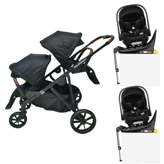 Baby Brightness Luxe twin stroller with double i-size infant car seats and double Rotation ISOFIX bases Black