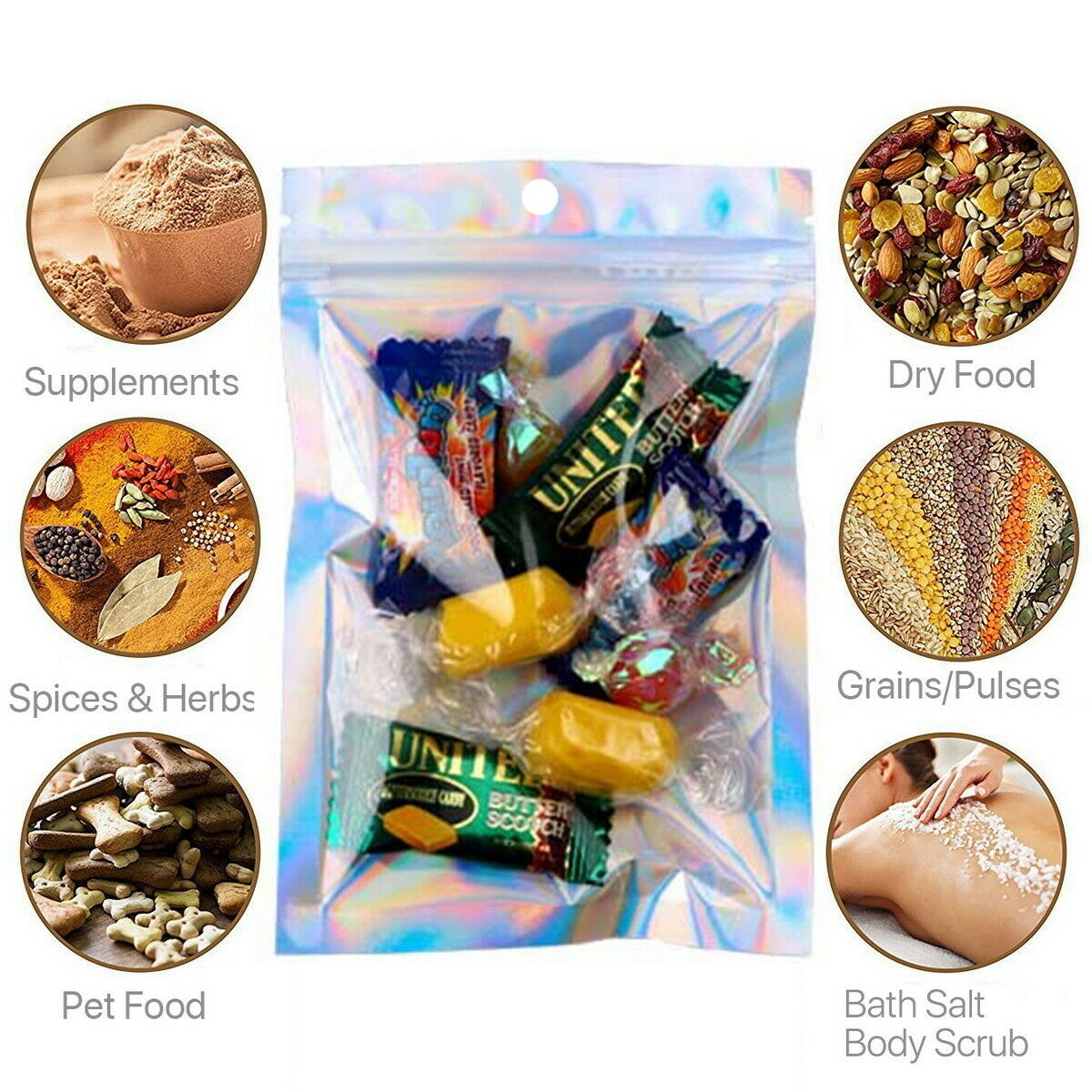 50pcs 18 x 26cm Holographic Ziplock Mylar Bags Aluminum Foil Resealable Valve Zipper Pouch