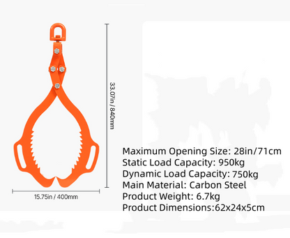 28in Log Lifting Tongs, 2-Claw Log Tongs, 750kg Lifting Capacity