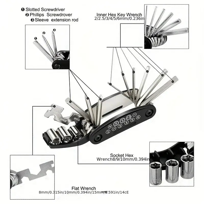 Folding Bike & Motorcycle Repair Tool Kit (16 in 1)