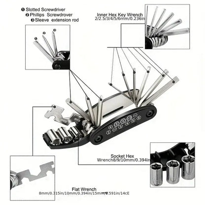 Folding Bike & Motorcycle Repair Tool Kit (16 in 1)