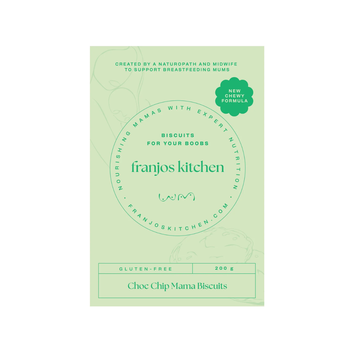 Green packaging of Franjos Kitchen biscuits on a white background