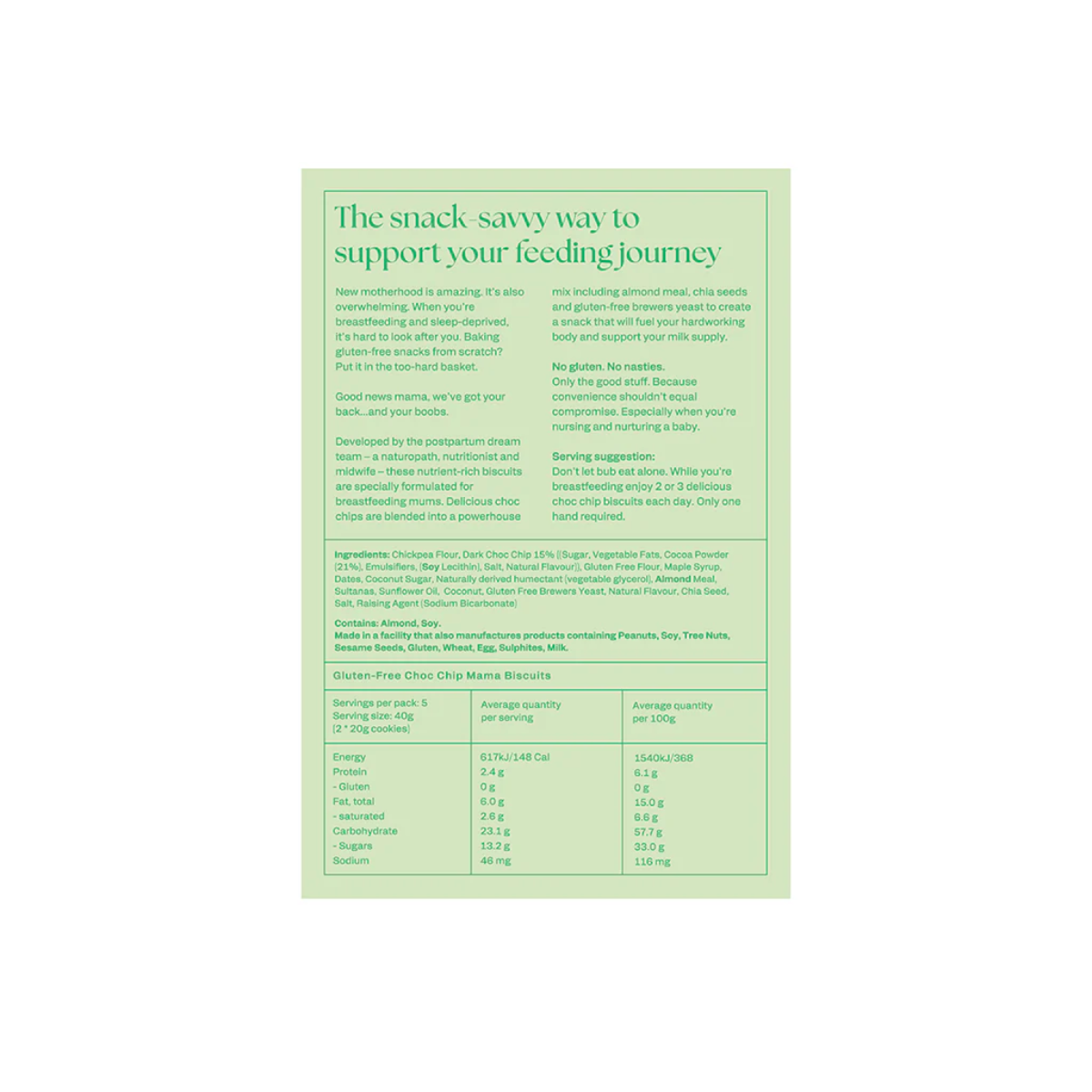 Green label with text and nutritional information on a white background