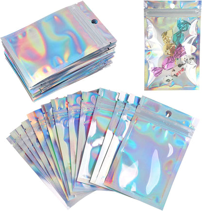 50pcs 18 x 26cm Holographic Ziplock Mylar Bags Aluminum Foil Resealable Valve Zipper Pouch