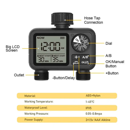HCT-M06 Digital 2-Outlet Water Timer with Independent Zone Control