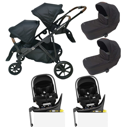 Baby Brightness Luxe twin stroller & double bassinets & double i-size infant car seats & double Rotation ISOFIX bases Black