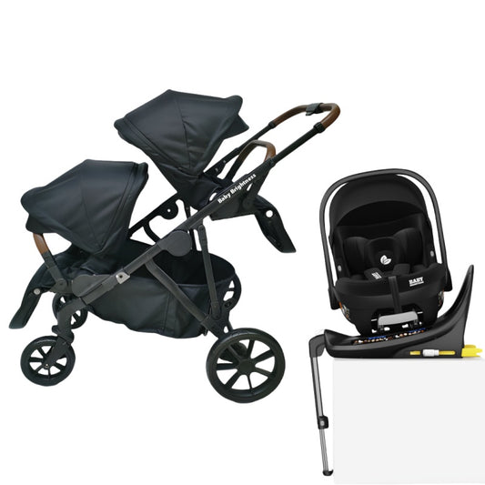 Baby Brightness Luxe twin stroller with i-size infant car seat and Rotation ISOFX base Black