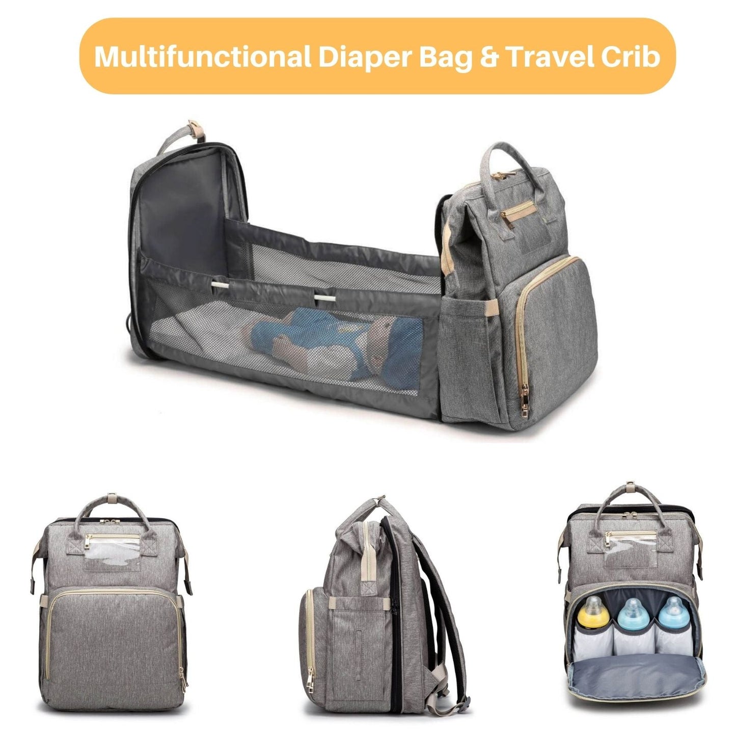 New Nappy Diaper Bag & Travel Crib-Grey