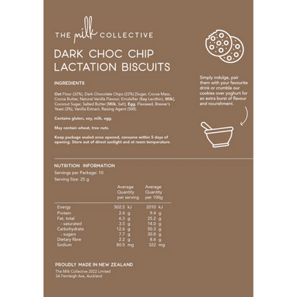 Ingredient list for the Milk Collective Dark Choco Chip Lactation Cookies.