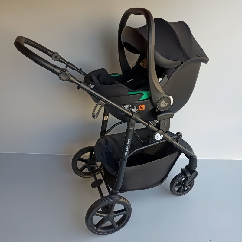 Newborn Pram – Poplar Stroller with Carrycot, Car Seat and Rotating ISOFIX Base (Black)