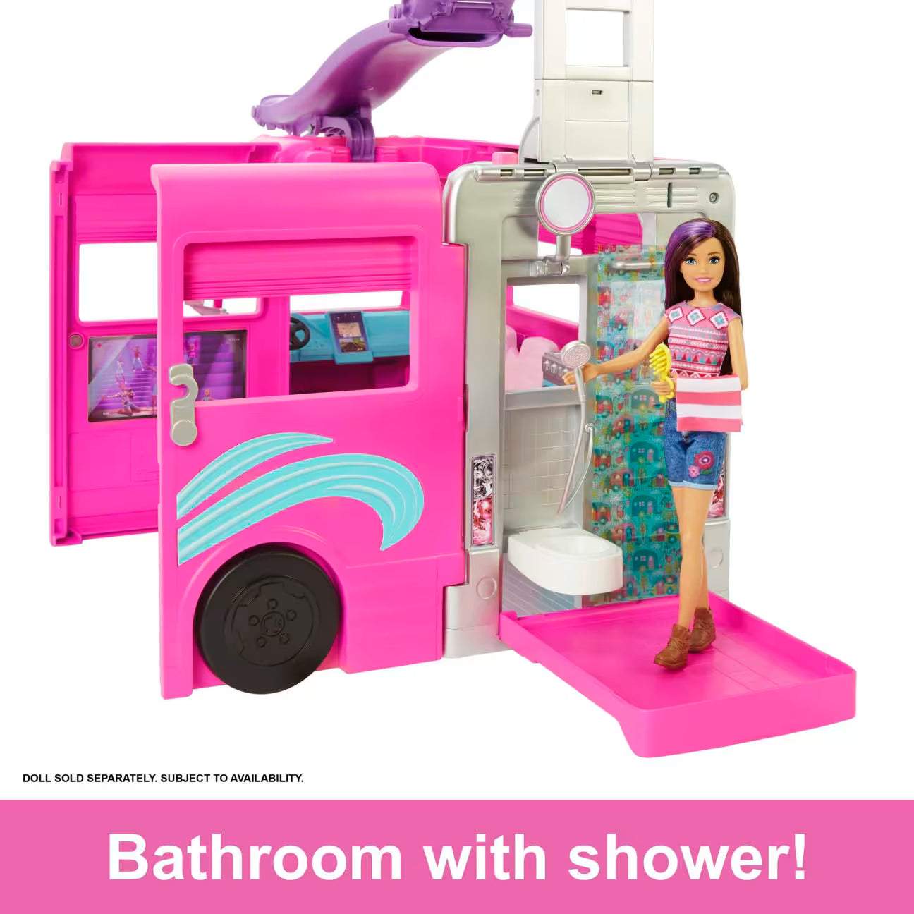 Toy bathroom set with pink bus and doll, featuring a shower area.