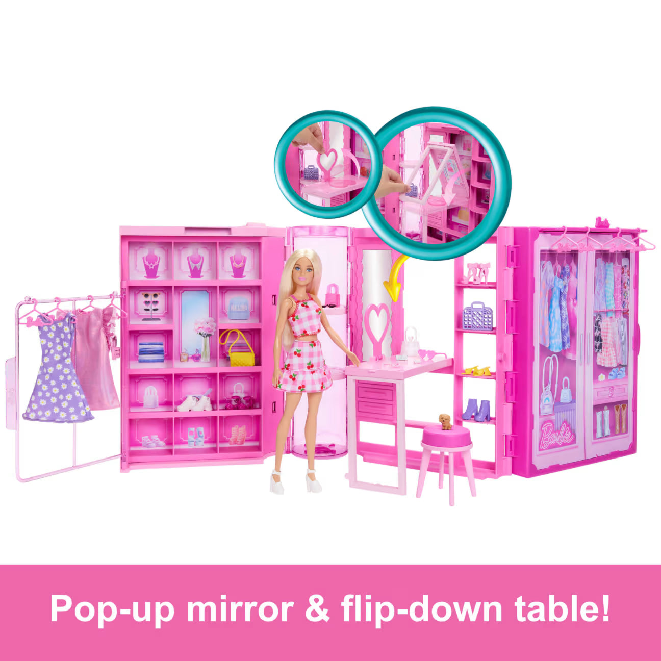 Pink dollhouse with furniture and a doll, featuring a pop-up mirror and flip-down table on a white background.