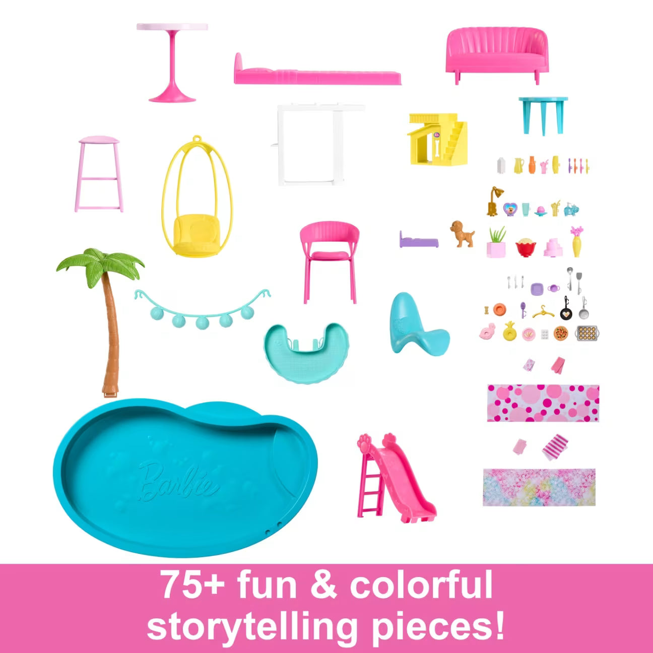 Collection of colorful toy furniture and accessories on a white background with 'Barbie' branding.